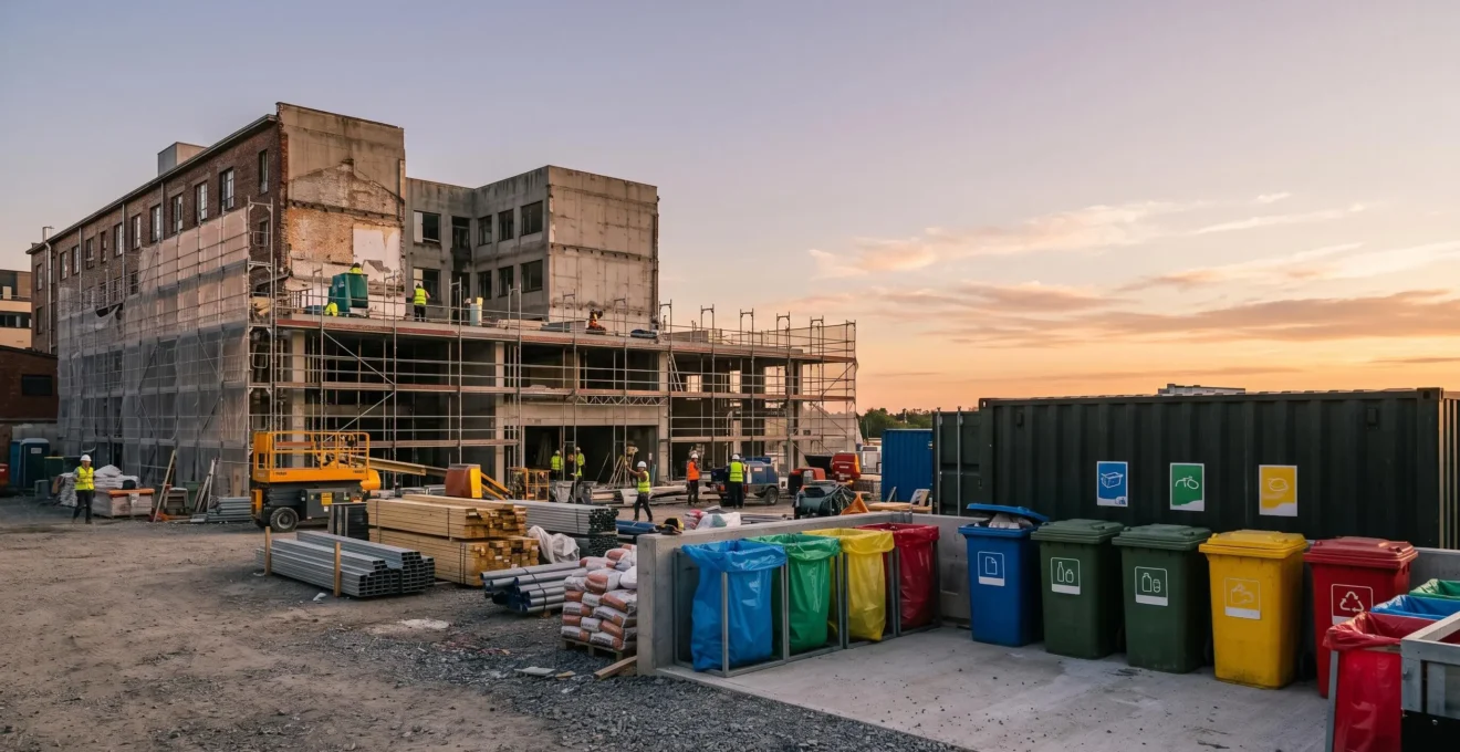 Chantier de rénovation organisé avec zones de tri des déchets de construction en flux séparés