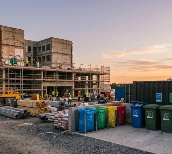 Chantier de rénovation organisé avec zones de tri des déchets de construction en flux séparés