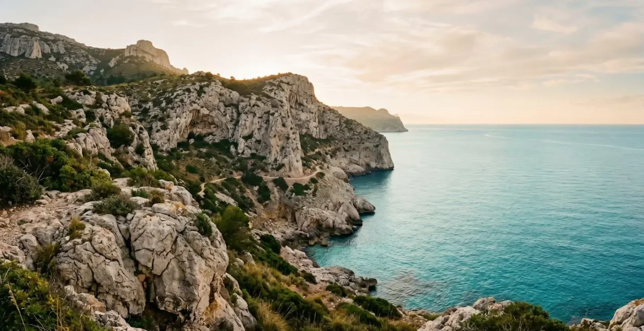 Vue panoramique des Calanques de Marseille avec sentiers côtiers et eaux turquoise, symbolisant le tourisme respectueux de l'environnement