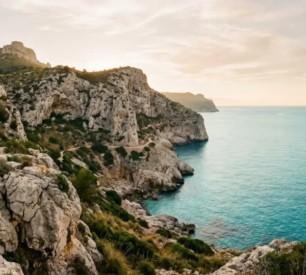 Vue panoramique des Calanques de Marseille avec sentiers côtiers et eaux turquoise, symbolisant le tourisme respectueux de l'environnement