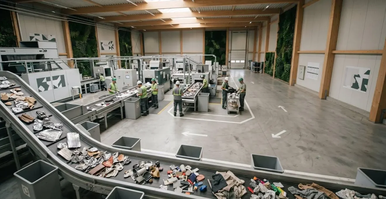 Vue en plongée d'un système industriel circulaire avec flux de matériaux réutilisés