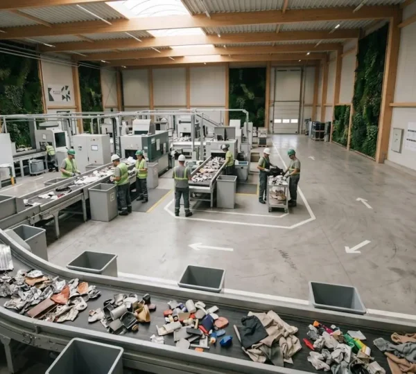 Vue en plongée d'un système industriel circulaire avec flux de matériaux réutilisés
