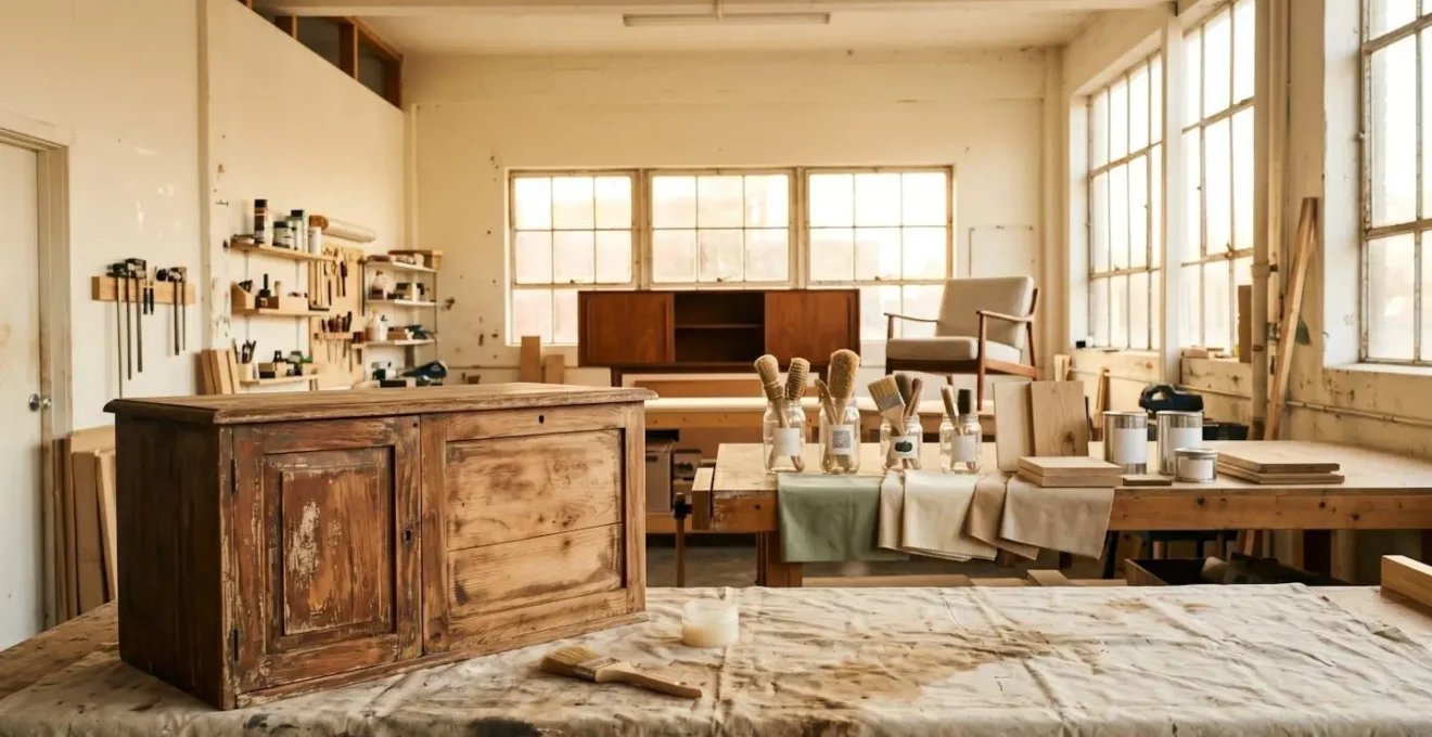 Atelier lumineux de relooking de meubles avec outils de bricolage et pièces transformées en style contemporain