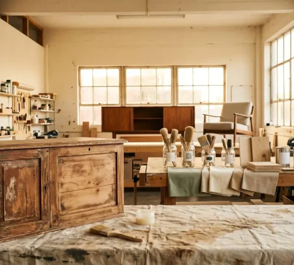 Atelier lumineux de relooking de meubles avec outils de bricolage et pièces transformées en style contemporain