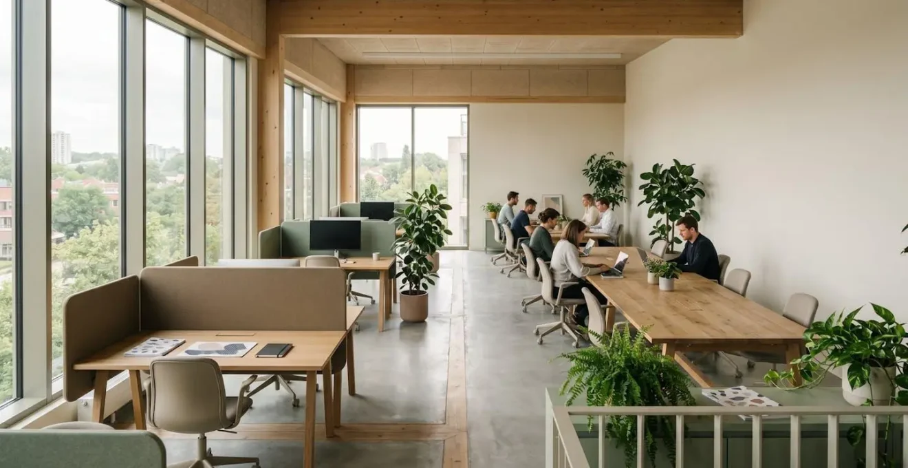 Bureau moderne de PME avec elements durables illustrant transition ecologique reussie