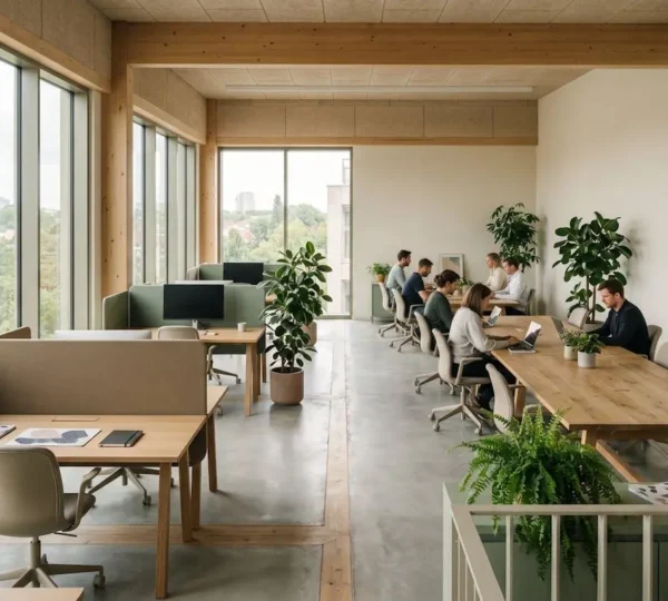 Bureau moderne de PME avec elements durables illustrant transition ecologique reussie