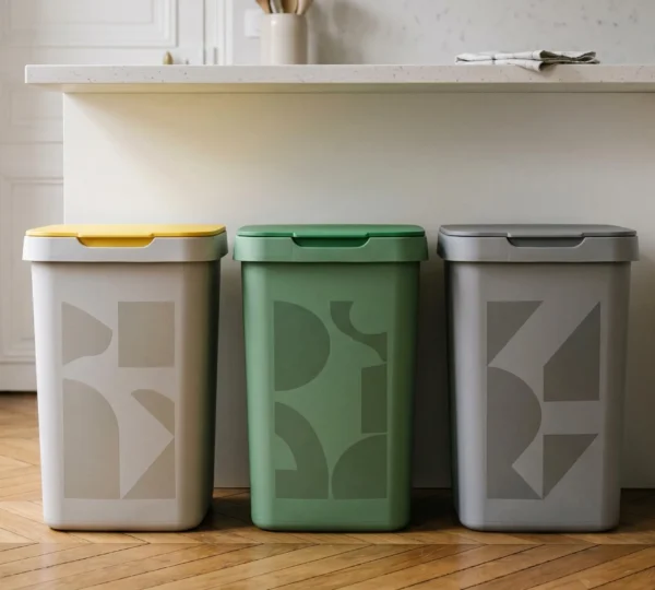 Organisation du tri sélectif avec différentes poubelles pour optimiser le recyclage des déchets en France