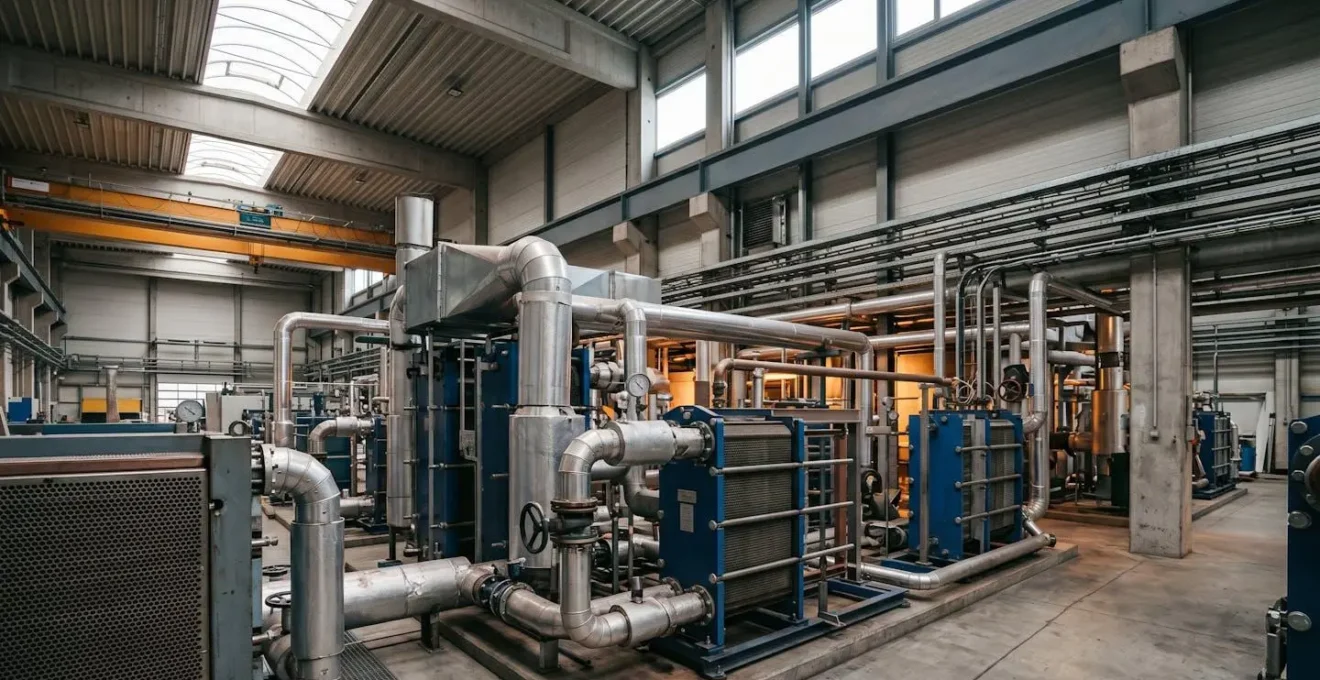Installation industrielle de récupération de chaleur avec système d'échangeurs thermiques en fonctionnement