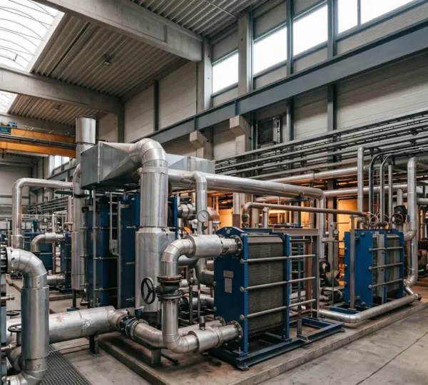 Installation industrielle de récupération de chaleur avec système d'échangeurs thermiques en fonctionnement